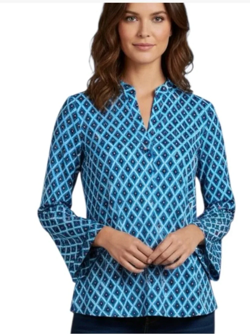 TORY BURCH Diamond-Print Notch V-Neck Tunic Top